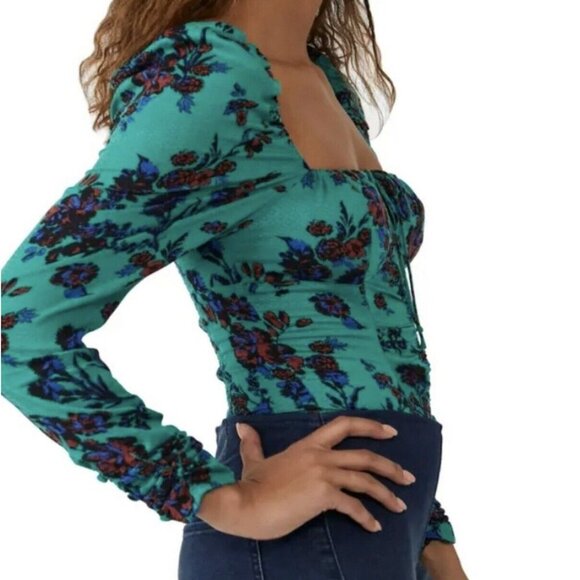 NWT $98 Free People Hilary Printed Top Size XS Green Combo Smocked Blouse - Picture 1 of 16